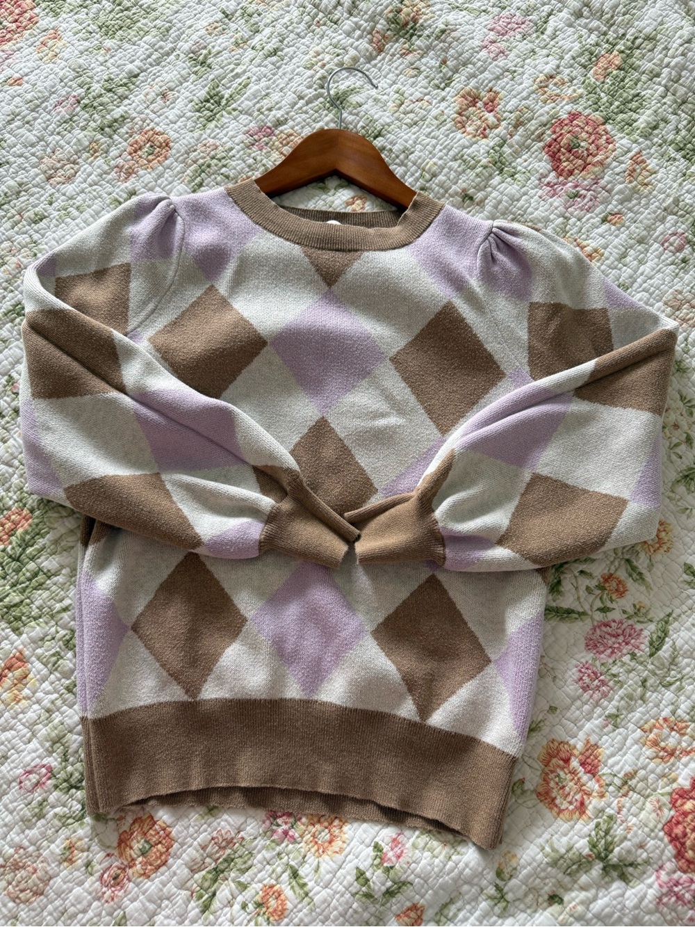 LOFT Argyle Puff-Sleeve Crew Sweater in Brown, Lavender & Cream - Picture 2 of 3